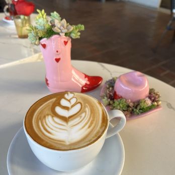 Utopia Caffe - Coffee latte and succulent arrangement - Breakfast & Brunch Near Me - Tustin, California