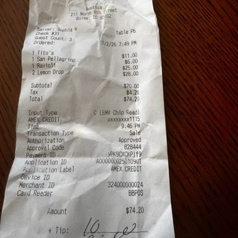 Rustica - The somewhat corrected bill she left a meal on it I did not intend to pay for and the upcharged shots + $10.00 tip. - Tapas/Small Plates Near Me - Boise, Idaho