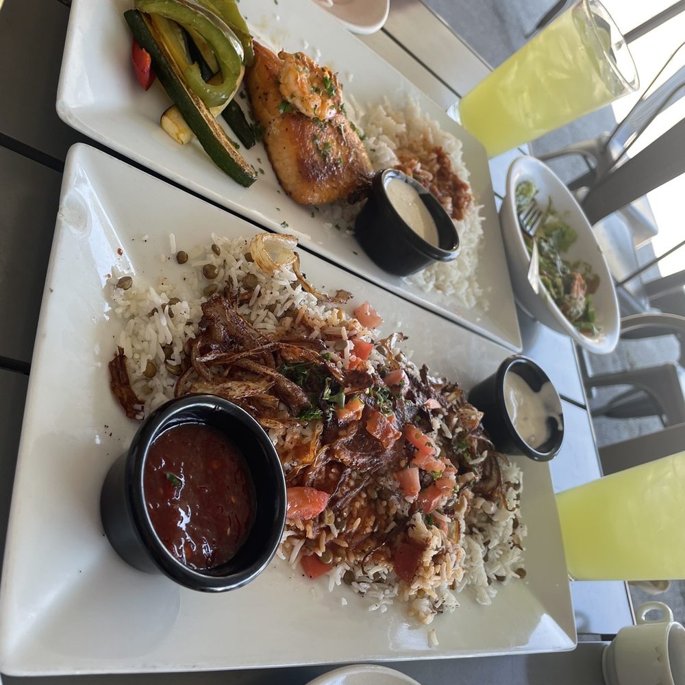 Aladdin Cafe - Seafood Kabob (top) Koshary (bottom) - Middle Eastern Near Me - Kansas City, Missouri