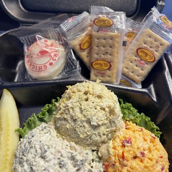 Chicken Salad Chick - Trio with Madame Curry chicken salad, Lauryn's Lemon Basil & Spicy Pimento Cheese.  This was more than enough to share!! - Southern Near Me - Cary, North Carolina