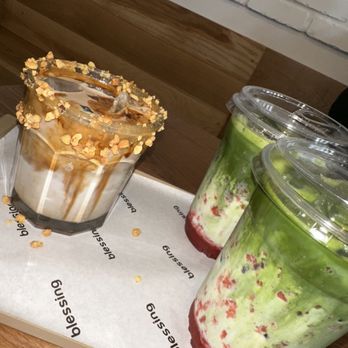 Cafe Blessing - Dirty Peanut Cream Latte (yum) and Strawberry Matcha Latte - Coffee & Tea Near Me - Schaumburg, Illinois