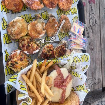 Flora-Bama Lounge, Package & Oyster Bar - Burger with oyster sampler - Music Venues Near Me - Pensacola, Florida