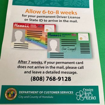 Satellite City Hall - After processing your application your photo is taken and given a temporary DL and this flier to allow 6-8 weeks for delivery. - Departments of Motor Vehicles Near Me - Kaneohe, Hawaii Satellite City Hall - After processing your application your photo is taken and given a temporary DL and this flier to allow 6-8 weeks for delivery. - Departments of Motor Vehicles Near Me - Kaneohe, Hawaii