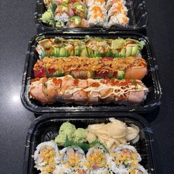 Top to bottom: maki cover w. toro, snow mountain, green harbor, fire cracker*, salmon torched maki*, and dynamite*. *favorites