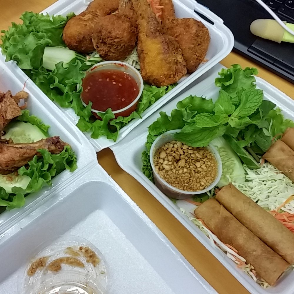 Siam Square - counter clockwise, fried chix, stuff chix wings, soring roll - Thai Near Me - Honolulu, Hawaii