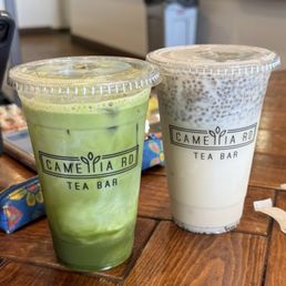 Left: matcha milk tea | Right: barley milk tea with chia seeds Left: matcha milk tea | Right: barley milk tea with chia seeds