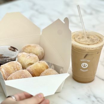 George's Cafe - 6 donut holes with chocolate sauce and a cookie butter latte - Donuts Near Me - San Francisco, California George's Cafe - 6 donut holes with chocolate sauce and a cookie butter latte - Donuts Near Me - San Francisco, California