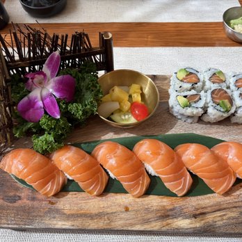 Cafe Ile - Tyson's Combo | 6 pc. Salmon Sushi (Nigiri) + Salmon roll with avocado and a yummy vegetable garnish on the side. - Sushi Bars Near Me - McLean, Virginia Cafe Ile - Tyson's Combo | 6 pc. Salmon Sushi (Nigiri) + Salmon roll with avocado and a yummy vegetable garnish on the side. - Sushi Bars Near Me - McLean, Virginia