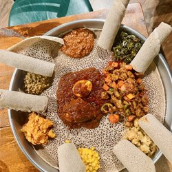 Awaze Ethiopian & Eritrean Cuisine - Veggie Platter, Lamb Awaze Tibs, and Doro Wot