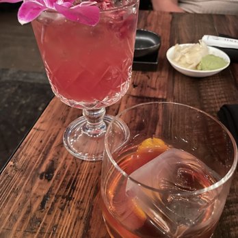 Sandfish - Aeger's Ale (tequila, agave, lime, pama liquor, blood orange juice, pomegranate juice) & Old fashioned cocktail with Iwai Japanese Whiskey - Sushi Bars Near Me - Palm Springs, California Sandfish - Aeger's Ale (tequila, agave, lime, pama liquor, blood orange juice, pomegranate juice) & Old fashioned cocktail with Iwai Japanese Whiskey - Sushi Bars Near Me - Palm Springs, California