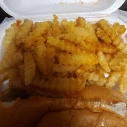 Cheesesteak and fries. They have seasonings you can sprinkle on your food. Cheesesteak and fries. They have seasonings you can sprinkle on your food.
