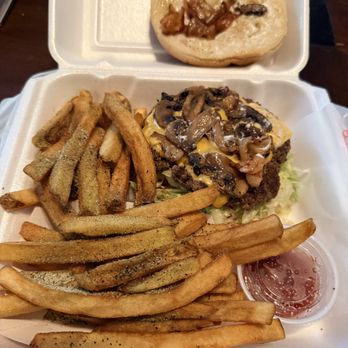 Burger Island - Bacon cheeseburger with mushrooms added. - Burgers Near Me - Garland, Texas Burger Island - Bacon cheeseburger with mushrooms added. - Burgers Near Me - Garland, Texas