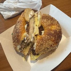 Bagel Dock Express - Chicken egg and cheese on a Spicy Colby jack bagel with bacon, garlic, and basil cream cheese