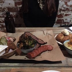 Bluebonnet Barbecue - Brisket, smoked fried chicken, Brussels sprouts, sausage, biscuits, mashed potatoes