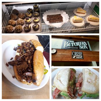 The Butchers Son - Dessert counter(top), steak and egg hoagie(left), myaddiction sandwich (bottom right) - Salad Near Me - Berkeley, California