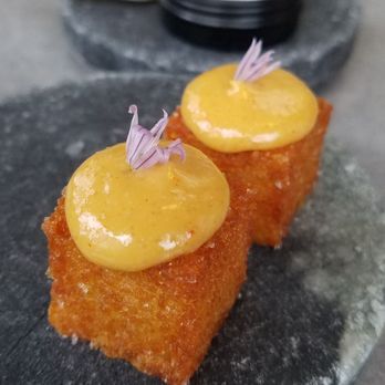 Little Pearl - Pomme paillasson (aka fancy tater tot): crispy and topped with spicy cod hollandaise (front) or paired with caviar (back) - New American Near Me - Washington, DC, District of Columbia Little Pearl - Pomme paillasson (aka fancy tater tot): crispy and topped with spicy cod hollandaise (front) or paired with caviar (back) - New American Near Me - Washington, DC, District of Columbia