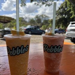 Pebbles Soda Truck - (L) Island Time - pineapple, mango, passion fruit smoothie (R) Li Hing King - pineapple, li hing, strawberry