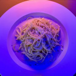 Sabatino's Italiano - Cacio e Pepe (light on the pepper by request) with some interesting bar lighting, March 2025.