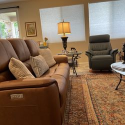 Gerber's Furniture - Flexsteel power reclining leather sofa & IMG Sedona Ergo Gravity Advanced XL Spo-Trend Reclining chair on Swivel base in Ocean leather.