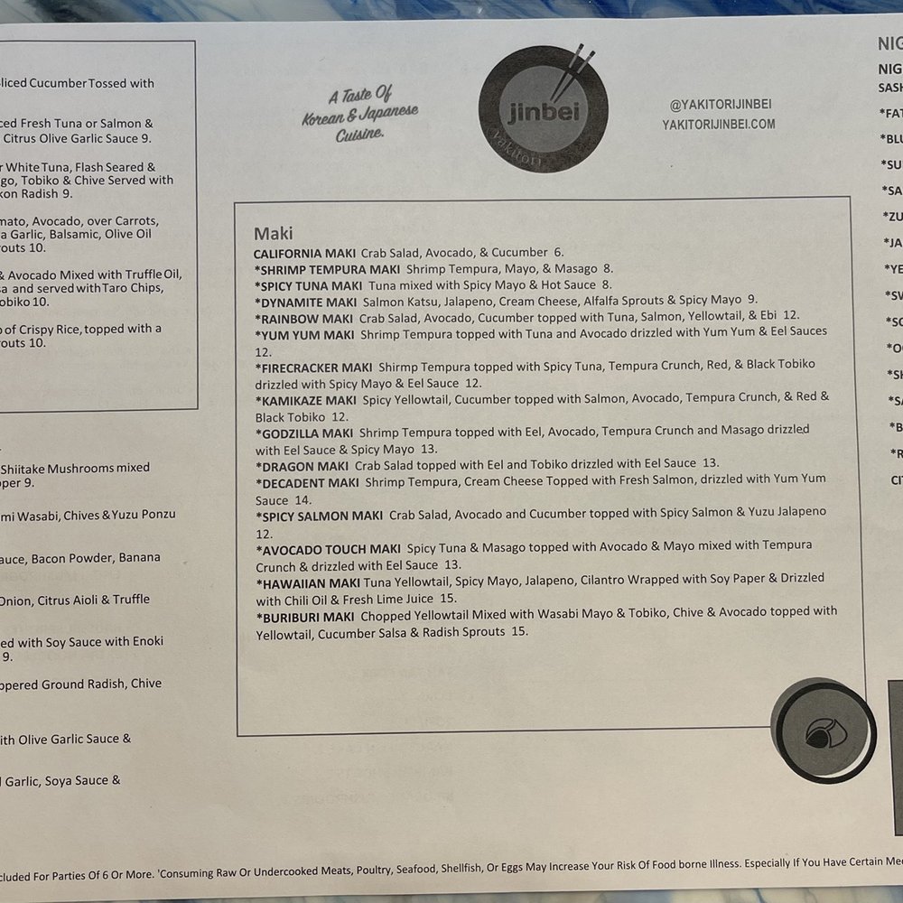 Yakitori Jinbei - Sushi Menu as of 5/11/21 - Sushi Bars Near Me - Smyrna, Georgia Yakitori Jinbei - Sushi Menu as of 5/11/21 - Sushi Bars Near Me - Smyrna, Georgia