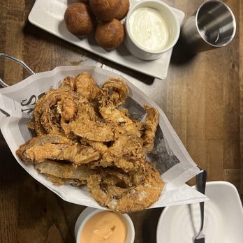 Krisp Korean Fried Chicken - Fried onion rings and S5. Fried Cheese Ball - Chicken Shop Near Me - Houston, Texas