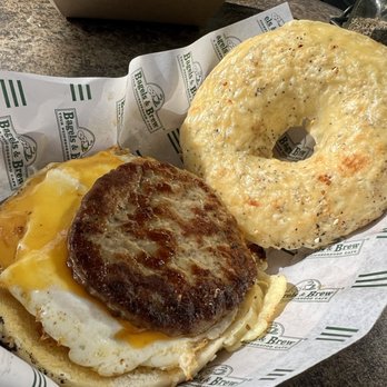 Bagels & Brew - Sunrise breakfast sandwich on cheese works bagel - Bagels Near Me - Lake Forest, California