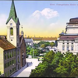 Evang. Pfarrgemeinde Heilandskirche - Heilandskirche und Oper Graz auf einer alten Ansichtskarte