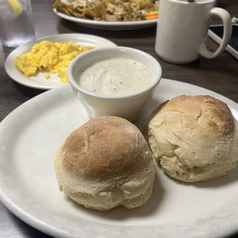 BG's Cafe - 2 Biscuits and Country Gravy, with Chicken Chilaquiles and Eggs in the rear - Breakfast & Brunch Near Me - Oxnard, California