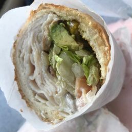 Turkey Swiss, w/ mushrooms, avocado, onion, hot peppers, lettuce, tomato and oil. Yes please.