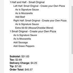 Receipt for 2 small pizzas at $45.00!!!! Ridiculous Receipt for 2 small pizzas at $45.00!!!! Ridiculous