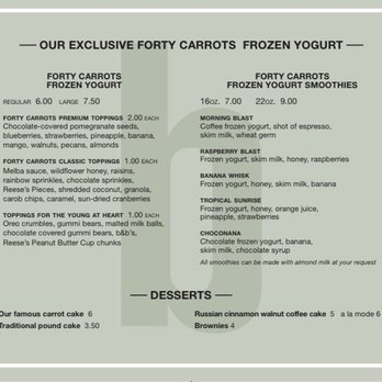B Café - the menu for our exclusive forty carrots frozen yogurt - Cafes Near Me - Short Hills, New Jersey B Café - the menu for our exclusive forty carrots frozen yogurt - Cafes Near Me - Short Hills, New Jersey