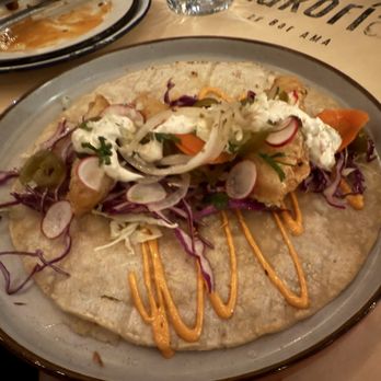 BAR Ama - Fish tacos, fish pieces cone on one large flour tortilla so more line a burrito if you wrap it - Tex-Mex Near Me - Los Angeles, California