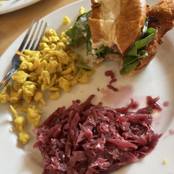 Beda's Biergarten - Pretzel/Bretzel chicken schnitzel sandwich with red cabbage and Spätzle - German Near Me - San Luis Obispo, California