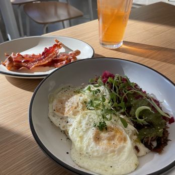 Dish Society - Brisket over grits with two eggs and side of bacon - Southern Near Me - Austin, Texas