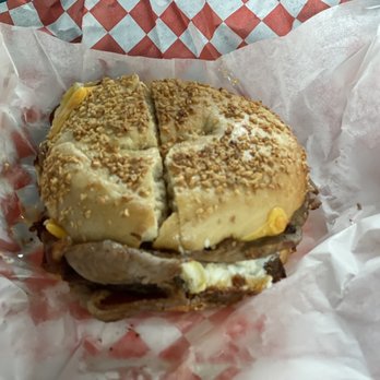 Bagel Bob's - Steak Egg and Cheese Sandwich on a garlic salt bagel - Delis Near Me - Houston, Texas Bagel Bob's - Steak Egg and Cheese Sandwich on a garlic salt bagel - Delis Near Me - Houston, Texas