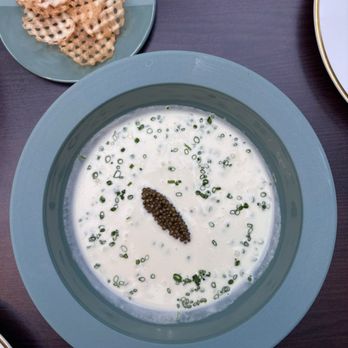 JouJou - Vichyssoise w/ half-ounce golden osetra caviar, pommes gaufrettes ($49) - French Near Me - San Francisco, California JouJou - Vichyssoise w/ half-ounce golden osetra caviar, pommes gaufrettes ($49) - French Near Me - San Francisco, California