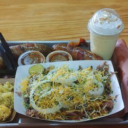 Doc's BBQ - Texas Mac and Cheese, 2 Cajun Kickers (Bacon wrapped Boudain), Broccoli and Rice Casserole, and a Banana Pudding