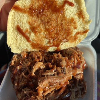 Rib Tips & Catering - Pulled Pork Sandwich - look at that HUGE meat serving! YUM!! - Soul Food Near Me - Salado, Texas Rib Tips & Catering - Pulled Pork Sandwich - look at that HUGE meat serving! YUM!! - Soul Food Near Me - Salado, Texas