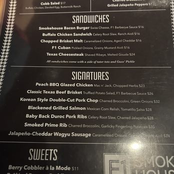 F1 Smokehouse - University - Dinner menu - Sandwiches Near Me - Fort Worth, Texas F1 Smokehouse - University - Dinner menu - Sandwiches Near Me - Fort Worth, Texas