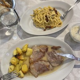 Veal cutlets with ham and sage, pasta ala cabronara Veal cutlets with ham and sage, pasta ala cabronara