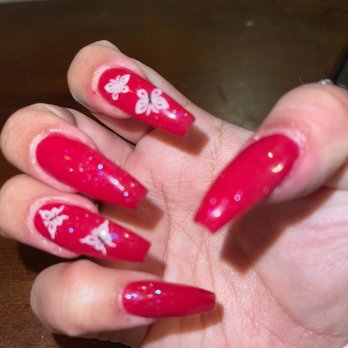 Rose Nails & Spa - Red glitter dip powder with white butterflies - Nail Salons Near Me - Whittier, California Rose Nails & Spa - Red glitter dip powder with white butterflies - Nail Salons Near Me - Whittier, California
