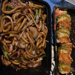 Beef udon and I forget the sushi roll also the sushi looks that way as it flipped over in my vehicle so no fault to the restaurant Beef udon and I forget the sushi roll also the sushi looks that way as it flipped over in my vehicle so no fault to the restaurant