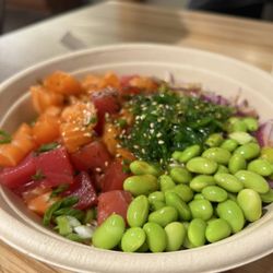 Mammoth Poke - Build your own poke bowl- Ahi Tuna, Salmon, poke sauce, sushi rice, edamame, seaweed salad, onions, furikake