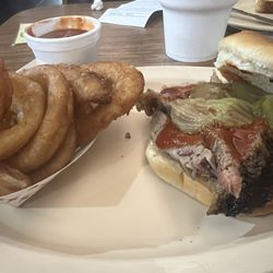 Betty's Bar-B-Q - Brisket sandwich and onion rings.