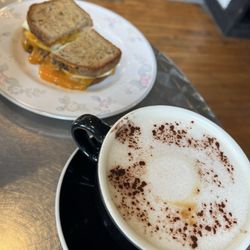 Egg and cheese sandwich w/gluten free bread + Cappuccino with oat milk