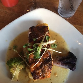 Lumberyard - Cedar planked Salmon with a soy mustard glaze, roasted cauliflower & Yukon potatoes - New American Near Me - Laguna Beach, California
