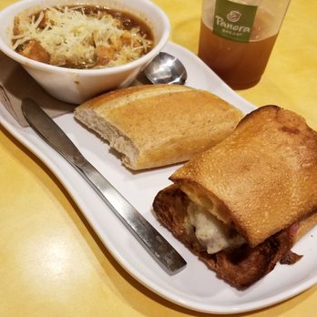Panera Bread - Pick 2: French Onion Soup + Steak & Cheese Panini + Baguette on the Side + Hibiscus Drink. Fantastic for a rainy night dinner! - Salad Near Me - Monrovia, California