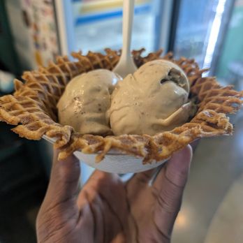 Fat Cat Creamery - PB & Strawberry Jam and Graham Central Station scoops in Waffle Bowl - Desserts Near Me - Houston, Texas