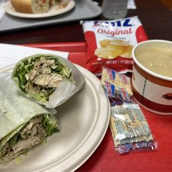 Kirbies Grill & Cafe - Grilled Chicken Caesar Wrap with Cream of Crab Soup and Utz Chips