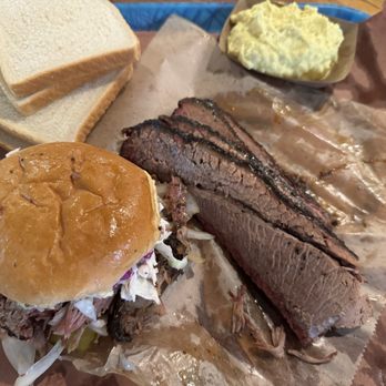 Franklin Barbecue - Pulled Pork sandwich, 1/2 Pound of Brisket and Potato Salad - Barbeque Near Me - Austin, Texas Franklin Barbecue - Pulled Pork sandwich, 1/2 Pound of Brisket and Potato Salad - Barbeque Near Me - Austin, Texas